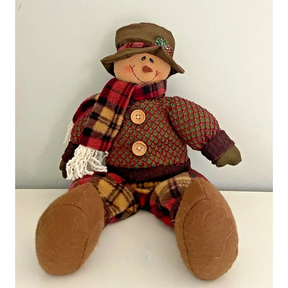 Rustic Brown, Red & Green Flannel Fabric Snowman Shelf Sitter, 19"H - Picture 2 of 8